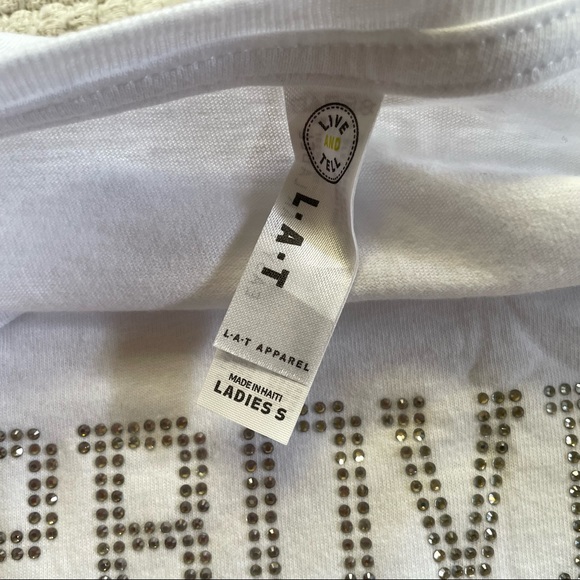 LAT Apparel Rhinestone Proverbs 31 Varsity White Cotton T-Shirt Size S - Picture 2 of 6
